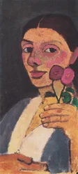 Autorretrato con dos flores en la mano izquierda levantada